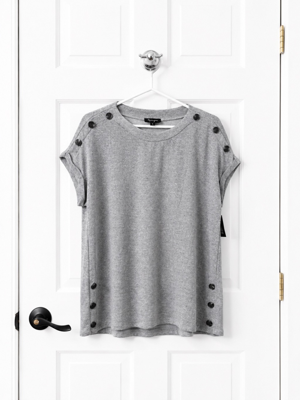 Heather Gray Button-Detail Short Sleeve Knit Top